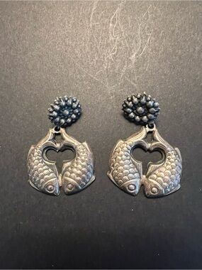 Fish Heart Drop Earrings - Silver color